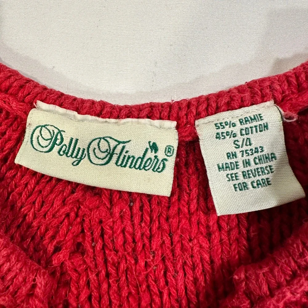 Polly Flinders Sweater Girls S/4 Red Ramie Cotton Cable Knit Fringe Boho Vintage